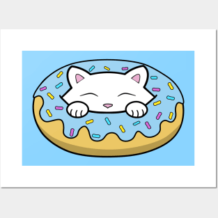 Cute white kitten eating a big blue doughnut with sprinkles on top of it Posters and Art